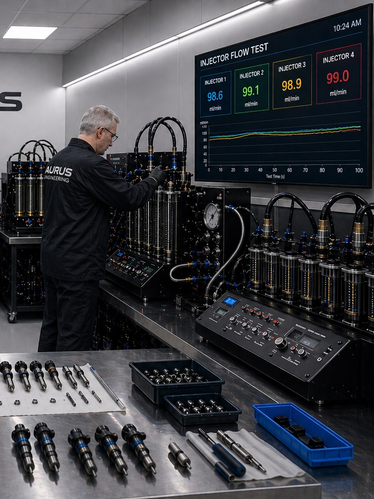 Bosch EPS 815 fuel injector flow testing bench with live ml/min readouts at Aurus Engineering