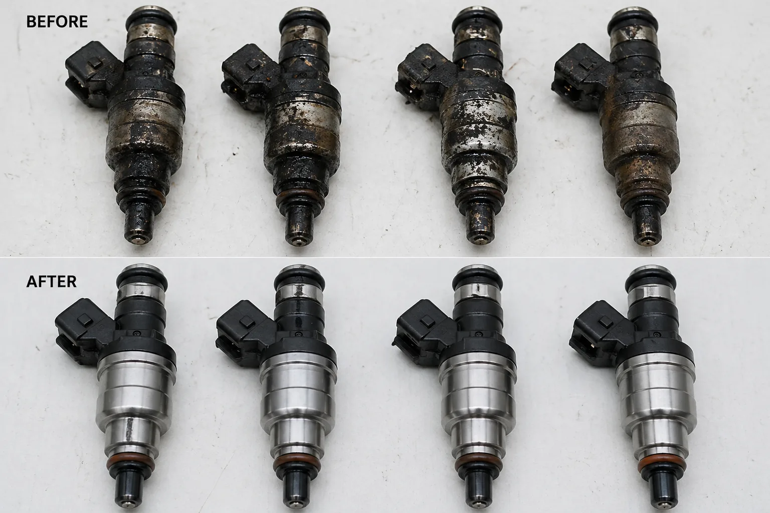 Before and after — 4 dirty fuel injectors covered in carbon buildup transformed into clean, polished injectors ready for service