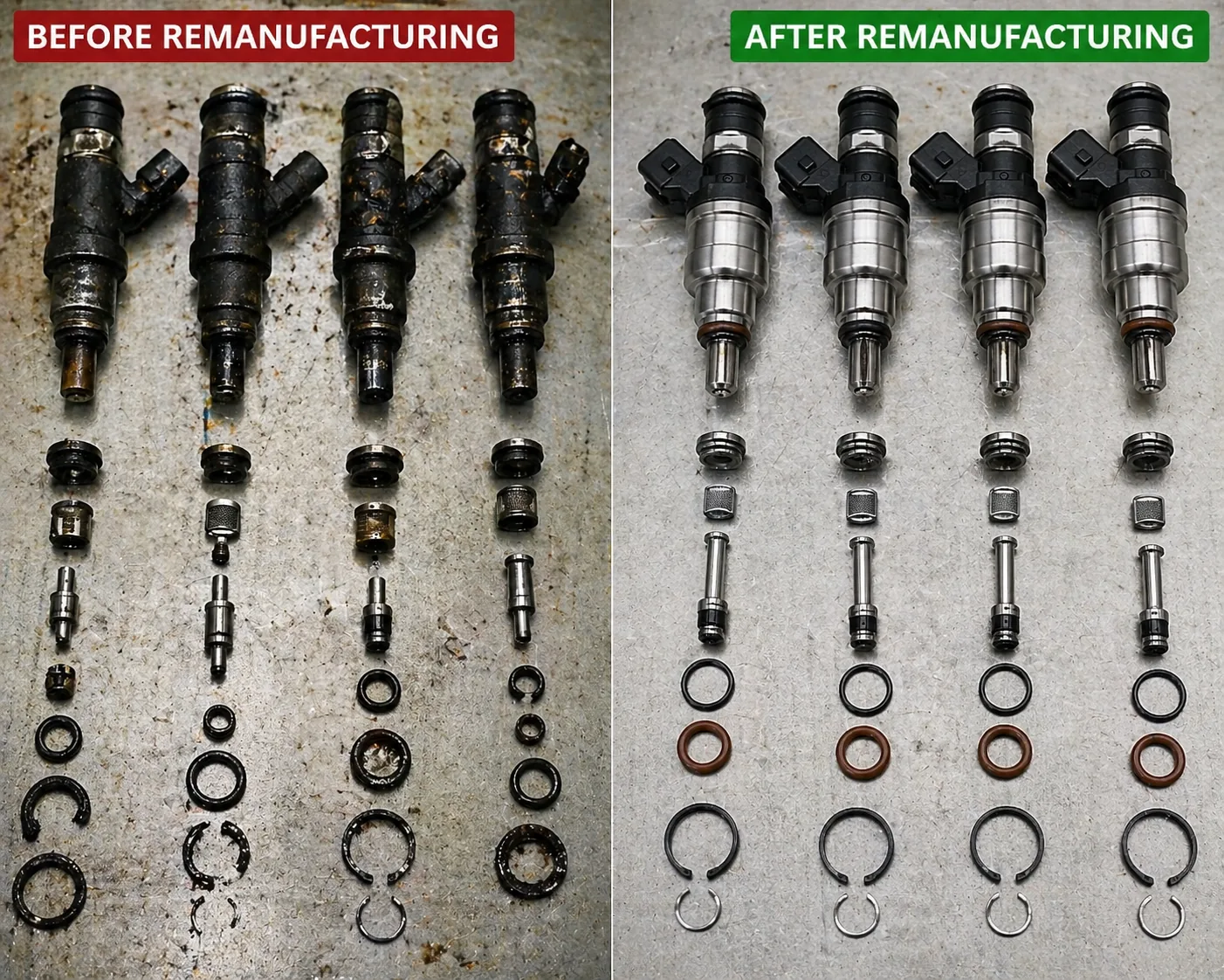 Before and after remanufacturing — 4 fuel injectors with all internal components (filter baskets, pintle caps, ball valves, O-rings, retaining clips) disassembled and visible