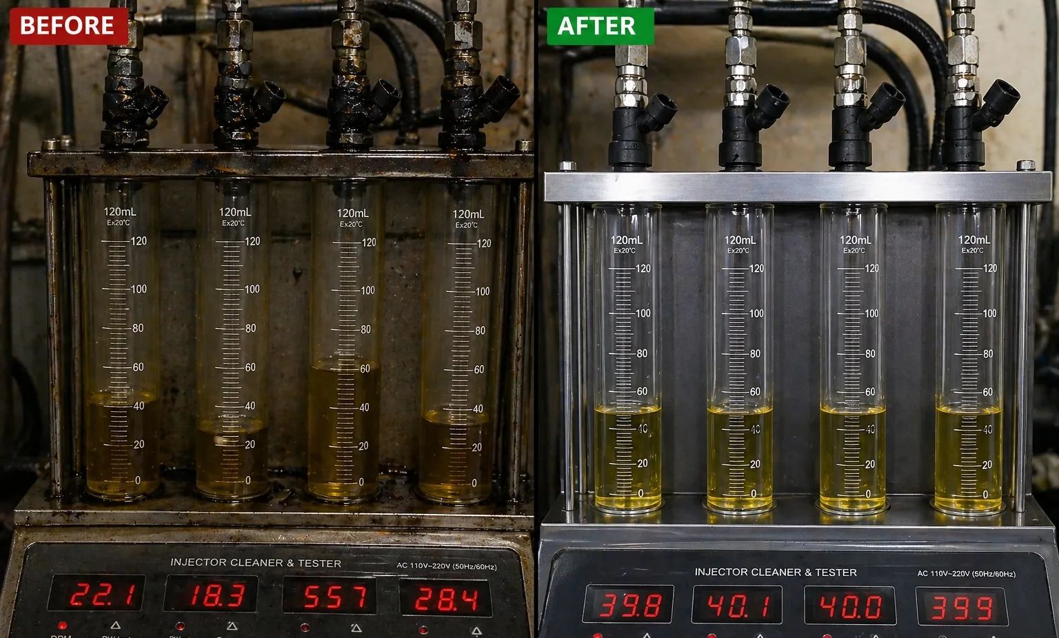 Fuel injector flow test bench results — before remanufacturing showing uneven dirty flow (22.1, 18.3, 55.7, 28.4 ml) and after remanufacturing with matched flow within 1% (39.8, 40.1, 40.0, 39.9 ml)