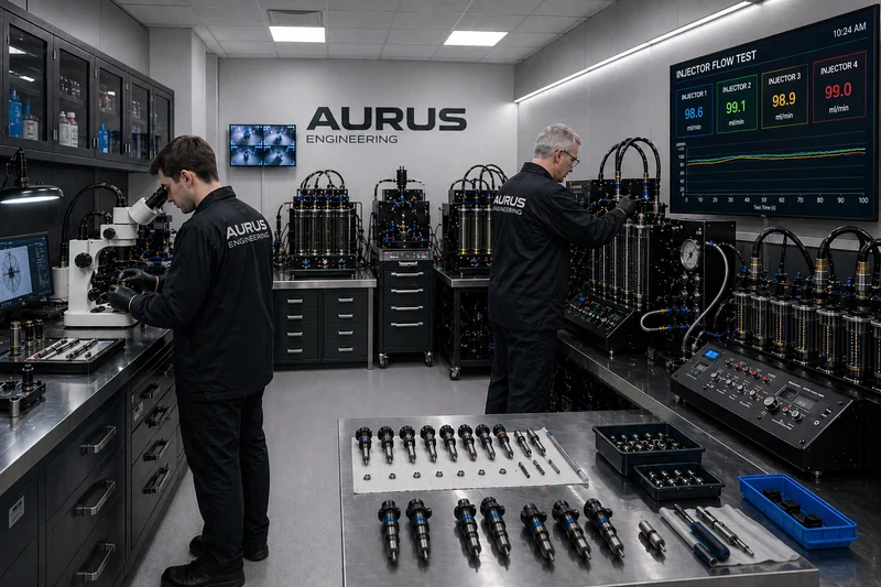 Aurus Engineering workshop — two technicians calibrating fuel injectors on flow test benches with live injector flow data displayed on wall monitor